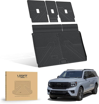 LASFIT Floor Mat with Backrest Mat Ford Expedition Max & Lincoln Navigator L 2025 2026 2027(fit 7 and 8 Seats),Costom Fit All Weather Protection TPE Easy Clean Cargo Liners,4pcs,Black