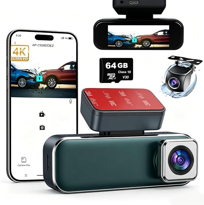 Dash Cam Front and Rear, 4K+1080P Dash Camera for Cars, 7Track Dual Car Camera with WiFi & APP Control, 64GB Card, 3.19" IPS Screen, HDR, Night Vision, G-Sensor, Parking Mode, Loop Recording