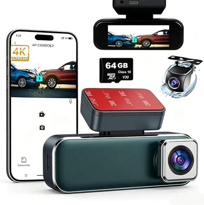 Dash Cam Front and Rear, 4K+1080P Dash Camera for Cars, 7Track Dual Car Camera with WiFi & APP Control, 64GB Card, 3.19" IPS Screen, HDR, Night Vision, G-Sensor, Parking Mode, Loop Recording