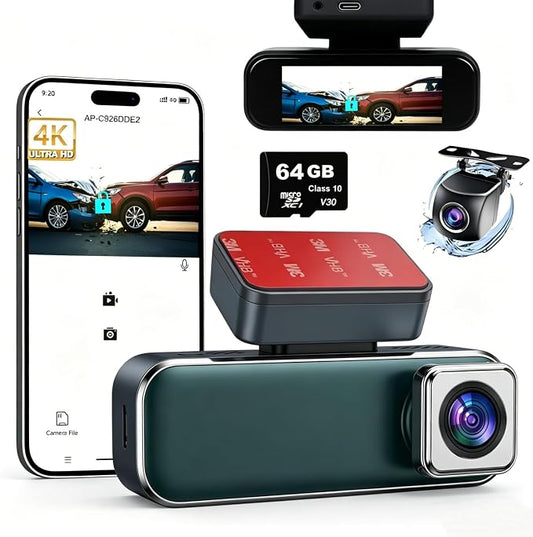 Dash Cam Front and Rear, 4K+1080P Dash Camera for Cars, 7Track Dual Car Camera with WiFi & APP Control, 64GB Card, 3.19" IPS Screen, HDR, Night Vision, G-Sensor, Parking Mode, Loop Recording