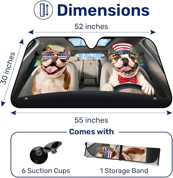 GENANY American Bulldog Windshield Sun Shade for Car SUV Truck (55x30 Inches), Sun Shade Windshield, Shades for Front Windows, Protector Blocks UV, Car Decor