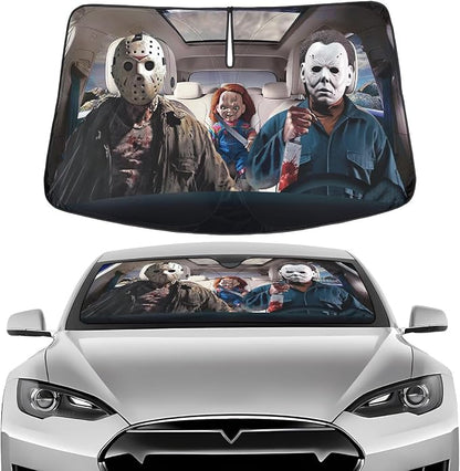 GENANY Horror Movie Character Windshield Sun Shade for Electric Vehicle (59x37 Inches), Automobile Sunshade, Protector Blocks UV, Car Decor