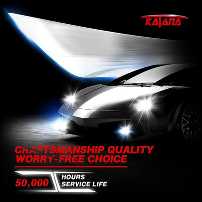 Katana 9007/HB5 Bulbs, 6500K White 400% Brightness High/Low Beam Plug and Play Mini Size Fog Light Bulb of 2