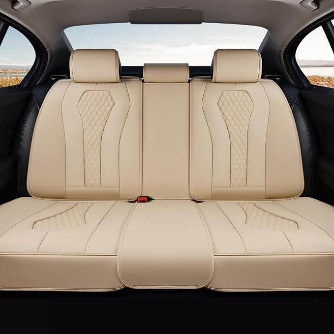 Coverado Automotive Seat Covers, Back Car Seat Cover, Rear Seat Cover, 3-Pieces Luxury Car Seat Cushion, Beige Seat Cover Seat Protector Universal Fit Most Cars