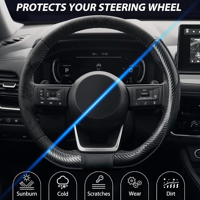 SEG Direct Flat Bottom Steering Wheel Cover Carbon Fiber, D Shaped Car Wheel Cover 14 1/2-15 in. (37-39 cm), Black Microfiber Leather with Carbon Fiber Pattern