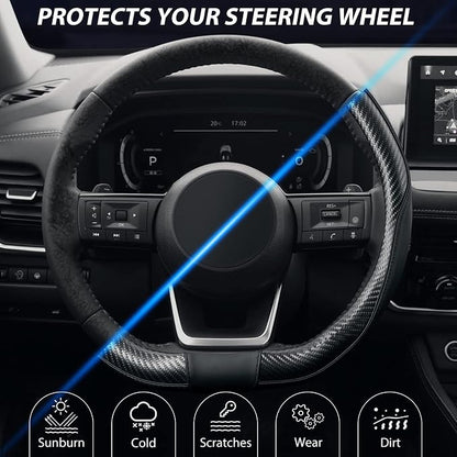 SEG Direct Flat Bottom Steering Wheel Cover Carbon Fiber, D Shaped Car Wheel Cover 14 1/2-15 in. (37-39 cm), Black Microfiber Leather with Carbon Fiber Pattern
