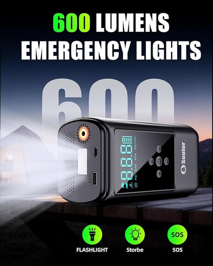 Jump Starter with Air Compressor, 6000A Car Battery Jumper Starter with 160 PSI Tire Inflator Portable, LED Display for 10L Diesel All Cars Engines, Jumper Cables and Light