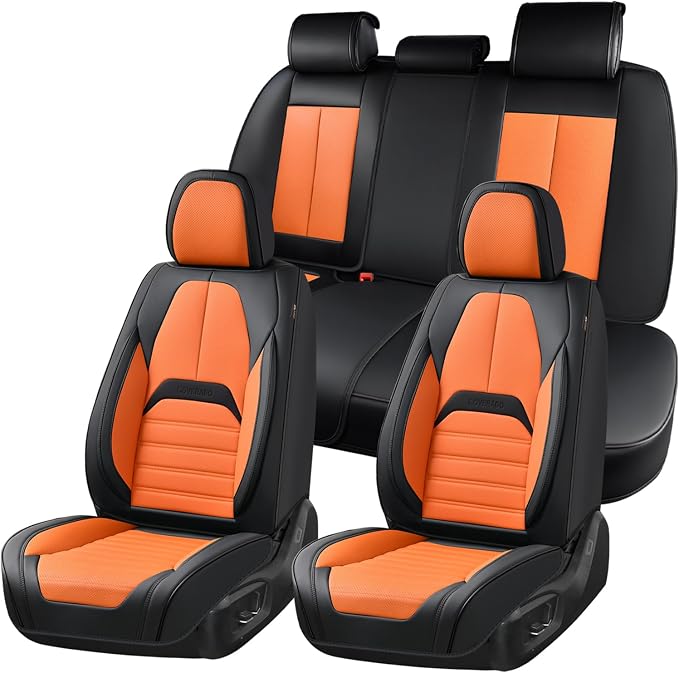 Coverado Car Seat Covers Full Set, Seat Covers for Cars, Automotive Seat Covers, Waterproof Nappa Leather Front Seats and Back Car Seat Protector, Universal Fit for Most Cars SUV Trucks,Black&Orange