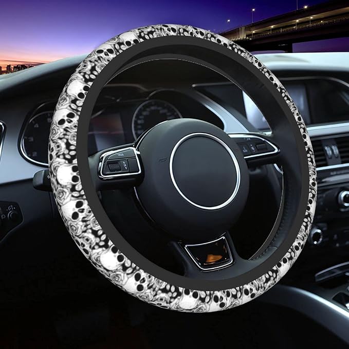 Skull Steering Wheel Cover Non Slip Black and White Neoprene Steering Wheel Protector Covers Universal 15 inch for Women Men Car Accessories