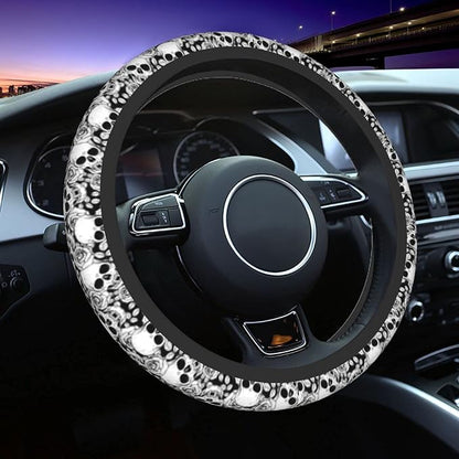 Skull Steering Wheel Cover Non Slip Black and White Neoprene Steering Wheel Protector Covers Universal 15 inch for Women Men Car Accessories