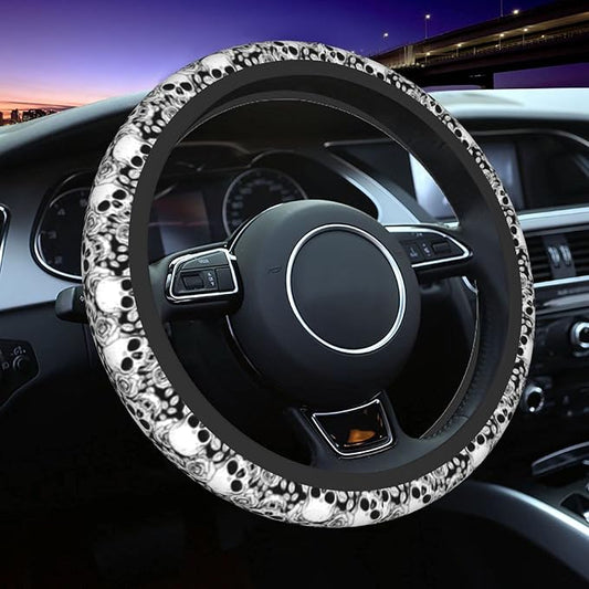 Skull Steering Wheel Cover Non Slip Black and White Neoprene Steering Wheel Protector Covers Universal 15 inch for Women Men Car Accessories