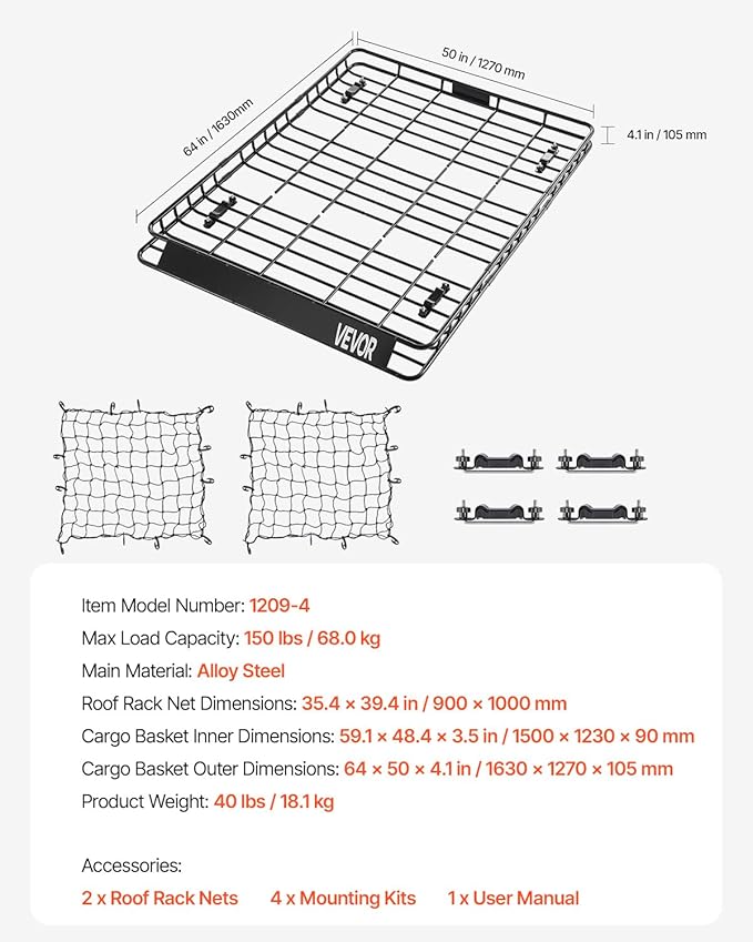 VEVOR Roof Rack Basket, 64 x 50 x 4.1 in, Universal Rooftop Cargo Carrier with Two 35.4 x 39.4 in Cargo Net,150 lbs Max Car Top Luggage Holder, 4.1 in Fence, Anti-Rust Alloy Steel, for SUV Truck Car