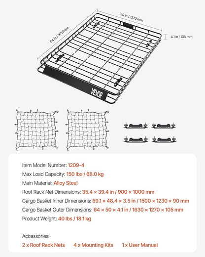 VEVOR Roof Rack Basket, 64 x 50 x 4.1 in, Universal Rooftop Cargo Carrier with Two 35.4 x 39.4 in Cargo Net,150 lbs Max Car Top Luggage Holder, 4.1 in Fence, Anti-Rust Alloy Steel, for SUV Truck Car