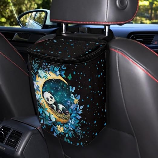 BIGCARJOB Moon Panda Car Trash Bags Hanging Automotive Car Garbage Bin with Adjustable Straps Reusable Auto Trash Bin Garbage Bags for Front Seat Multipurpose