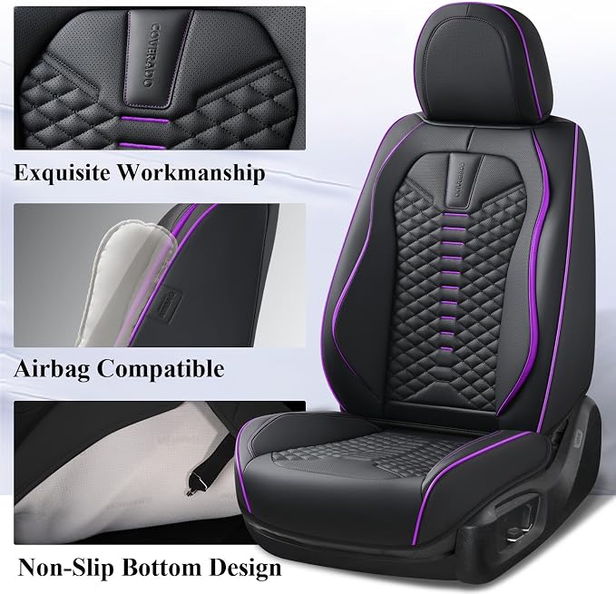 Coverado Car Seat Covers Front Seats, Nappa Leather Black&Purple Car Seat Cover, Automotive Seat Covers, Waterproof Driver Seat Protector, 2 Pack Front Seat Cover Car Seat Cushion Fit for Most Cars