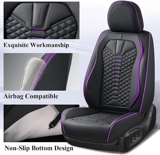 Coverado Car Seat Covers Front Seats, Nappa Leather Black&Purple Car Seat Cover, Automotive Seat Covers, Waterproof Driver Seat Protector, 2 Pack Front Seat Cover Car Seat Cushion Fit for Most Cars