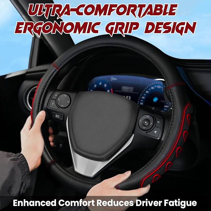 Ventilated Heart-Shaped Steering Wheel Cover with Anti-Slip Leather Grip. Compatible with Ford, Toyota, Honda, Nissan, and Chevrolet Vehicles for 14.5-15.2 inch Round Steering Wheels.