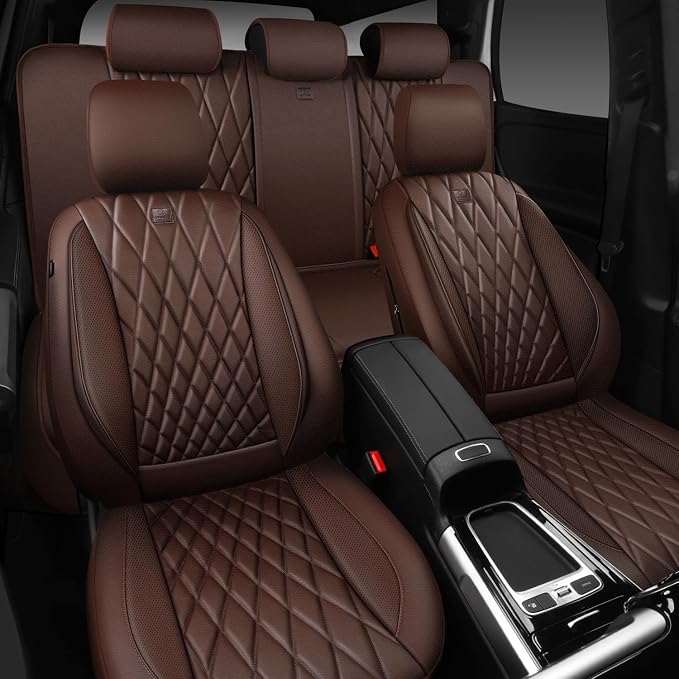 CAR PASS Piping Luxury Faux Leather Seat Covers Full Set, 5 Seats Anti-Slip Waterproof Seat Covers Compatible with Front Armrests, Universal Fit for Suvs,Vans,Trucks,Airbag Compatible, Pure Brown