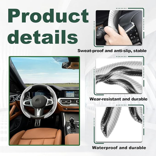 2pcs Carbon Fiber Anti-Skid Steering Wheel Cover, Anti-Skid Steering Wheel Cover/Segmented Steering Wheel Protector/Car Interior Accessories for Men/Women - Durable(White)