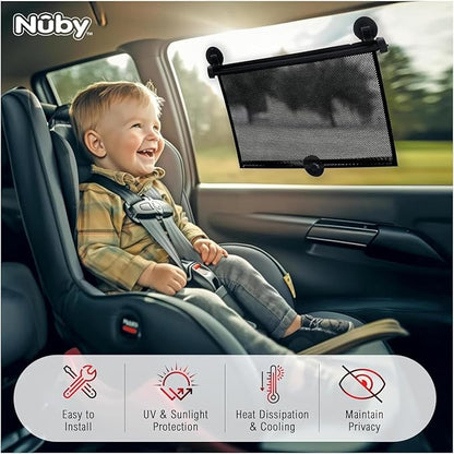 Nuby 14" Roller Vehicle Side Window Sun Protection Shade for Baby | 2 Pack | Pull Down with Suction Cups and Press Button Roll Up | Black