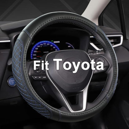 West Llama Customized Auto Car Steering Wheel Cover for Toyota Rav4 Corolla Camry Highlander(Diamond Quilted-Black+Blue-Standard Size)