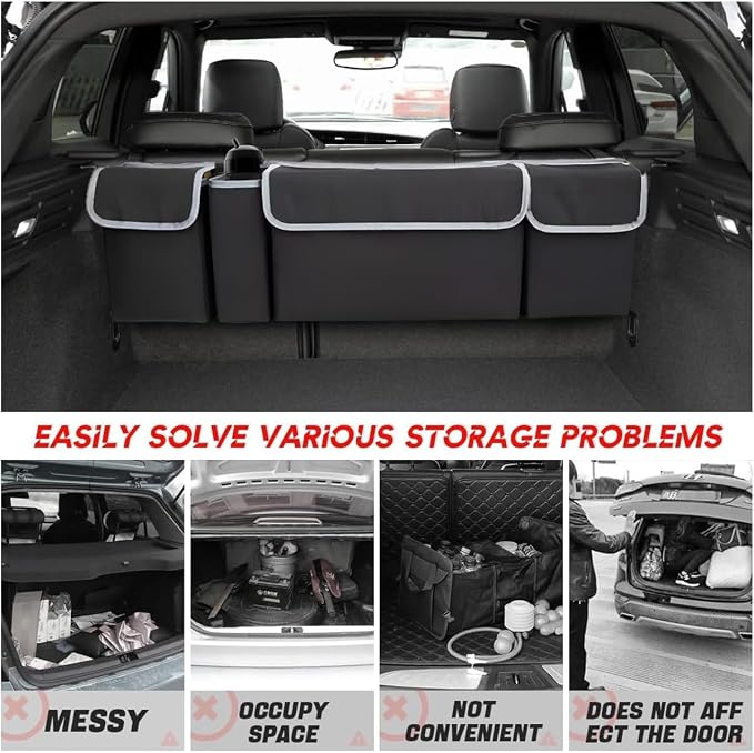 BELOMI Car Trunk Organizer, Auto Waterproof Sturdy Backseat Hanging Large Storage Collapsible Cargo Bag with Anti-Slip Adjustable Strip&4 Pockets, Vehicle Interior Accessories for Man Woman (Black)
