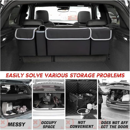 BELOMI Car Trunk Organizer, Auto Waterproof Sturdy Backseat Hanging Large Storage Collapsible Cargo Bag with Anti-Slip Adjustable Strip&4 Pockets, Vehicle Interior Accessories for Man Woman (Black)