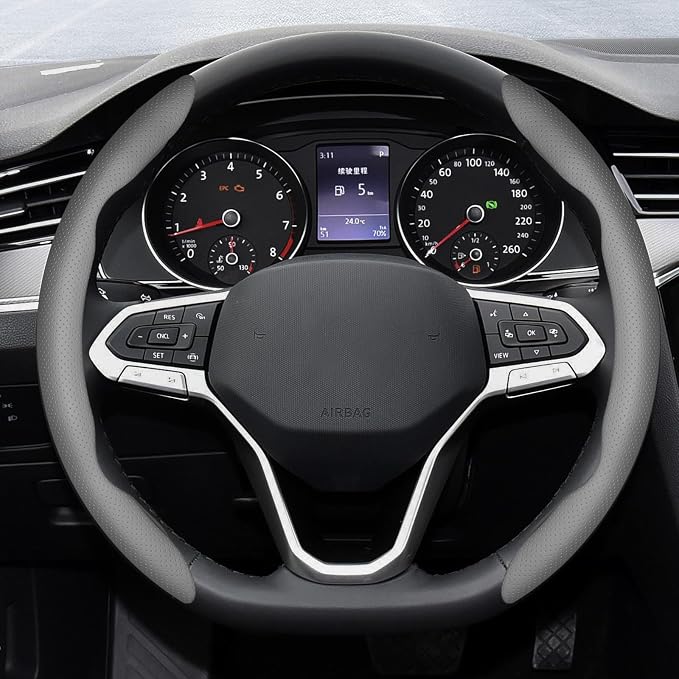 2-Piece Steering Wheel Cover, Carbon Fiber Segmented Steering Wheel Protector, Universal and Anti-Slip Durable Car Leather Protective Cover, Car Interior Accessories for Women and Men (Gray)