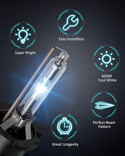 Nilight D4S HID Bulbs, 6000K Diamond White Xenon Replacement D4S HID Headlight Bulb,350% Lighting Distance Super Bright High for 12V Cars, IP67 Design with Metal Stents Base, 2 Years Warranty