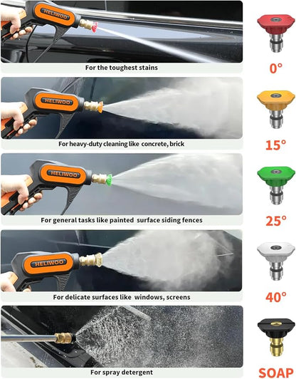 Short Pressure Washer Gun with Foam Cannon 5000 PSI, 1/4 Inch Quick Connector, with 5 Pressure Washer Nozzle Tips, 1 Liter Dual Connector