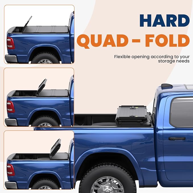 KUIPERAUTO 5.7FT Hard Quad Fold Bed Cove Compatible for 2009-2026 Dodge Ram 1500 (Inclu. Classic & New) 5.7 FT Aluminum Truck Bed Cover(w/o Ram Box)