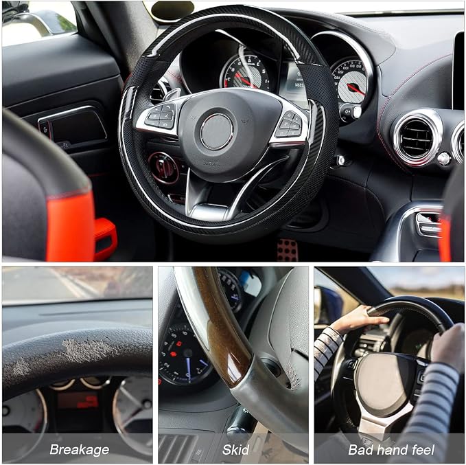 Universal Steering Wheel Cover - Microfiber Leather, 15 Inch, Anti-Slip, Breathable, Odorless Car Steering Wheel Protector, SUV Accessory (Bright Black)