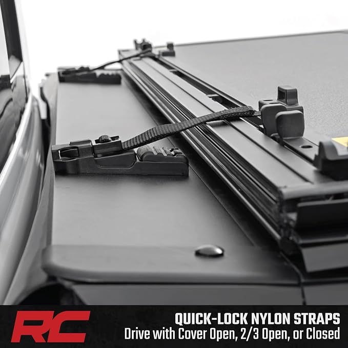 Rough Country Hard Tri-Fold Truck Bed Tonneau Cover for Toyota Tundra (2022-2026) - Aluminum Flip-Up Bed Cover, Fits 5'7 (65.6") Bed