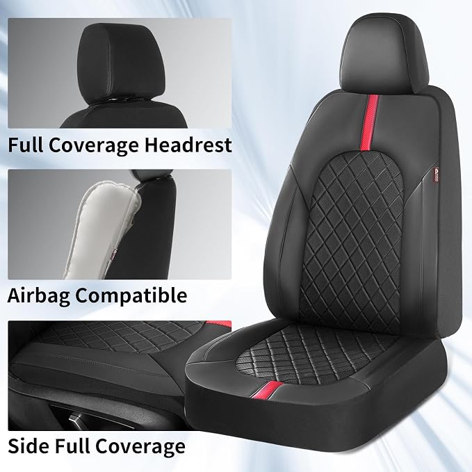 Coverado Car Seat Covers, Seat Covers for Cars, Front Car Seat Covers Protector Waterproof, Leather Car Seat Cushion Universal Fit for Most Cars (Black-Red)