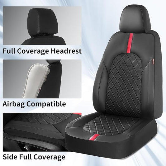 Coverado Car Seat Covers, Seat Covers for Cars, Front Car Seat Covers Protector Waterproof, Leather Car Seat Cushion Universal Fit for Most Cars (Black-Red)
