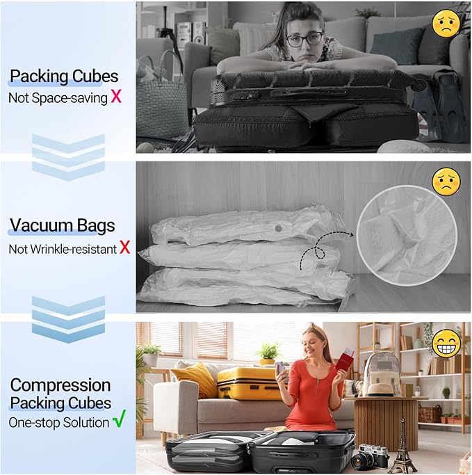 OlarHike 8 Set Compression Packing Cubes for Travel Essentials,Compressible Expandable Space Saver Bags for Organizing Clothes,Luggage Suitcase Garment Bags with Over 1000 pcs Mesh Holes(Black)