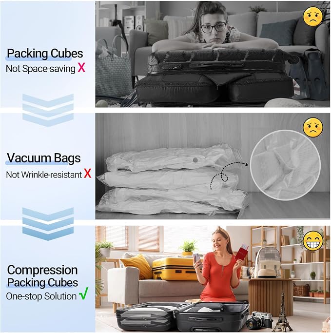 OlarHike 4 Set Compression Packing Cubes for Travel Essentials,Compressible Expandable Space Saver Bags for Organizing Clothes,Luggage Suitcase Garment Bags with Over 1000 pcs Mesh Holes(Black)