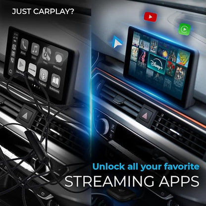 AUTOSKY AI Box Lite Flex – Wireless CarPlay & Android Auto Adapter with Selectable Streaming Apps (Netflix, Hulu, Disney+, Prime Video & More) – Plug & Play, Touchscreen Required