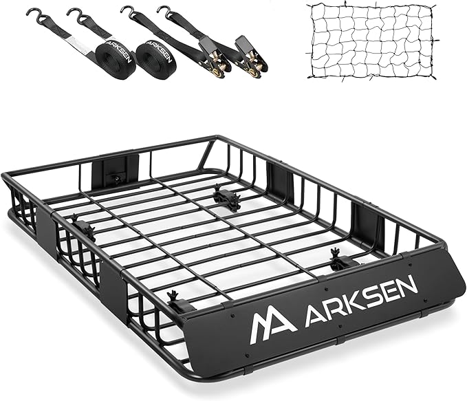 ARKSEN 54" x 34" x 6" Roof Rack Cargo Basket with Extension, 150 LBS Universal Heavy Duty Steel Rooftop Carrier with Cargo Net & Tie Down Straps for SUV, Truck, RV, Pickup