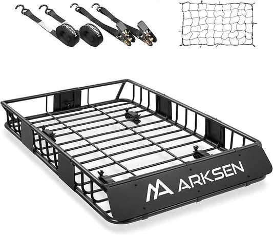 ARKSEN 54" x 34" x 6" Roof Rack Cargo Basket with Extension, 150 LBS Universal Heavy Duty Steel Rooftop Carrier with Cargo Net & Tie Down Straps for SUV, Truck, RV, Pickup