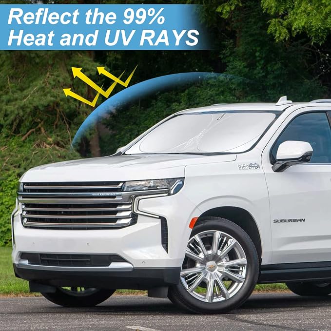 Sunshade for Suburban Windshield Sun Shade Custom Fit 2015-2020 Chevy Chevrolet Suburban Accessories Foldable Front Window Shield Cover Sun Visor Protector Block UV Rays Keep Car Cooler
