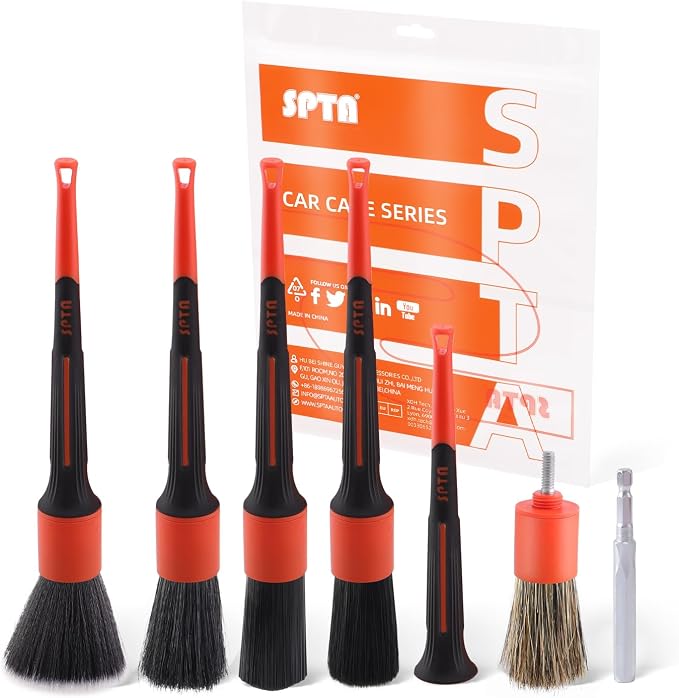 SPTA Car Detailing Brush Set, 5 Pack V2.0 Soft Boar Hair Auto Detail Brush Kit with Drill Adapter, for Automotive Interior Exterior Dashboard Engine Bay Seat Leather, Can be Used in Electric Drills