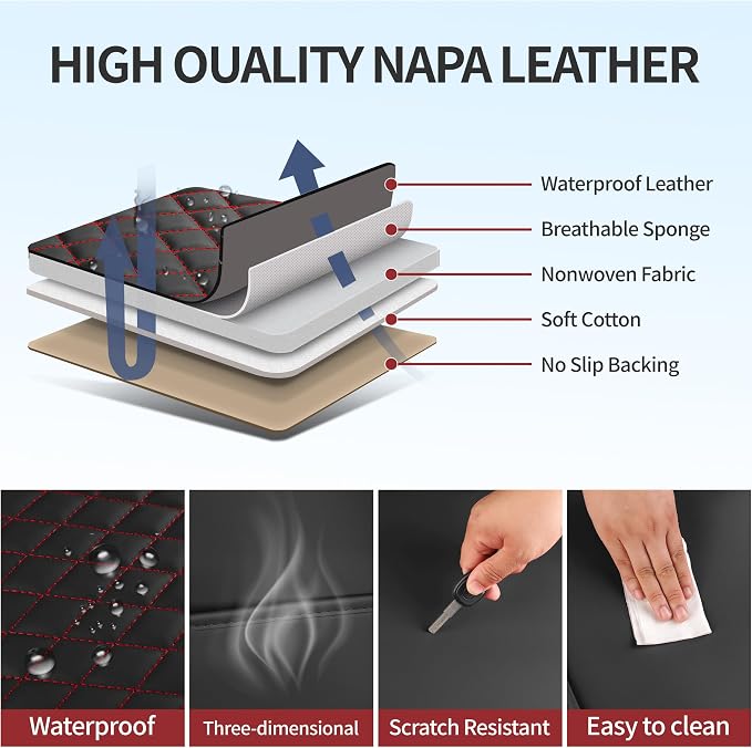 Front Car Seat Covers Set of 2,Universal Precision Fit 3D Contoured Automotive Nappa Leather Seat Covers for SUV Truck Sedan,Anti-Slip Seat Cover with Lumbar Support Style2 Black Red Line