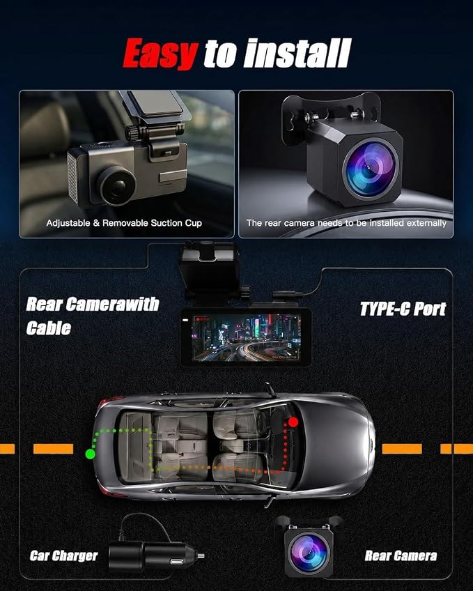 𝟒𝐊+𝟐.𝟓𝐊 Dash Cam Front and Rear, Free Card Included, 5.8GHz WiFi-25MB/s Fast Download, Dash Camera for Cars with WDR,F1.4 Large Aperture Super Night Vision,3.69-inch IPS LCD, 24H Parking Mode