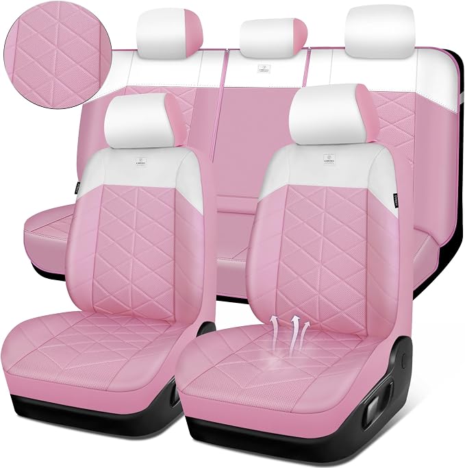 CAR PASS Memory Foam Leather Seat Covers Full Set, Breathable Luxury Perforated Nappa Leather Seat Covers Universal Fit for Car,SUV,Truck Seat Covers Thick 3D Foam Comfort,Airbag Compatible Pink White