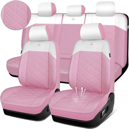 CAR PASS Memory Foam Leather Seat Covers Full Set, Breathable Luxury Perforated Nappa Leather Seat Covers Universal Fit for Car,SUV,Truck Seat Covers Thick 3D Foam Comfort,Airbag Compatible Pink White