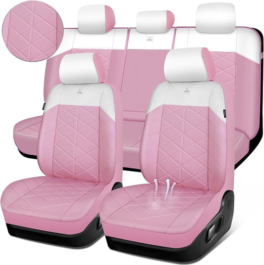 CAR PASS Memory Foam Leather Seat Covers Full Set, Breathable Luxury Perforated Nappa Leather Seat Covers Universal Fit for Car,SUV,Truck Seat Covers Thick 3D Foam Comfort,Airbag Compatible Pink White