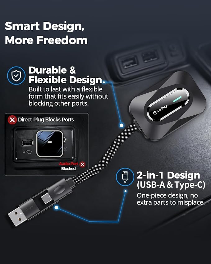 Wireless CarPlay Adapter, 2-in-1 Wired to Wireless Dongle J1 for Apple CarPlay & Android Auto, Seamless Auto-Reconnect, No Delay, Stable Signal for Maps & Calls, Latest 2026 Upgraded Version