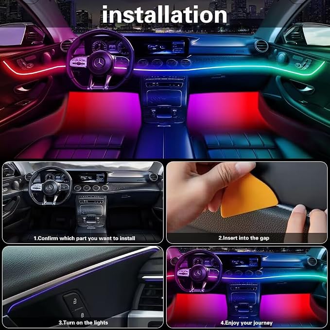Acrylic Interior Car LED Lights with Remote and Wireless APP, Ambient Lighting Kits Fiber Optic Strip LEDs,16 Million Colors Music&DIY Function (8 in 1)