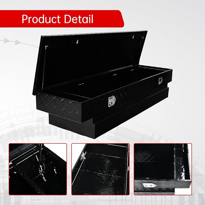 70''Inch Aluminum Truck Tool Box Truck Bed Toolbox Truck Trailer Chest Box Trailer Underbody Storage Organizer Waterproof Square Storage Organizer w/Lock & Keys Black(‎69.88" Lx20 Wx14.75 H)